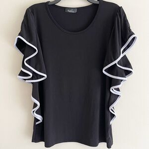 Flutter Top Size XL Womens Black White Trim Short Sleeves Ruffles Blouse Casual